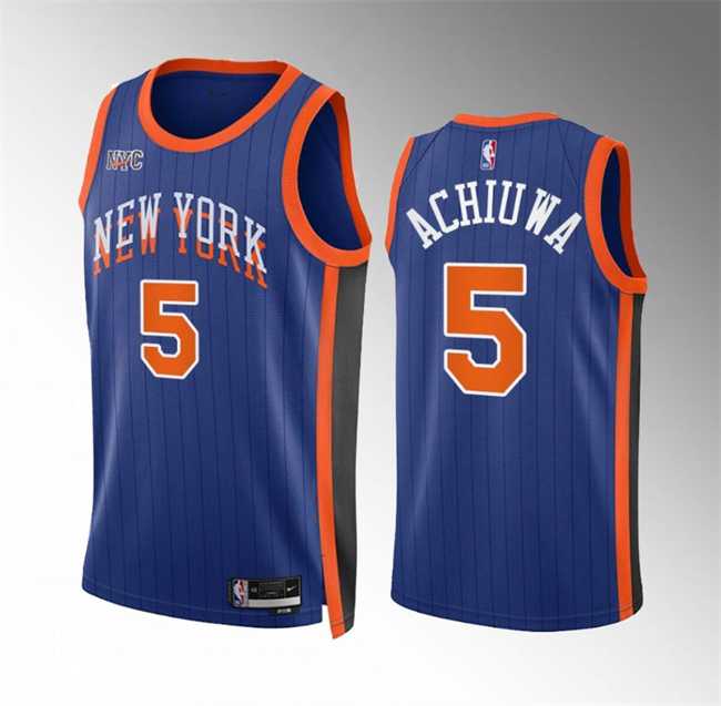 Mens New Yok Knicks #5 Precious Achiuwa Blue 2023-24 City Edition Stitched Basketball Jersey Dzhi->->NBA Jersey